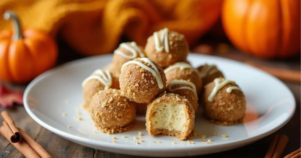 Plate of no-bake pumpkin cheesecake balls coated in graham cracker crumbs, garnished with cinnamon sticks and a pumpkin on a rustic wooden table