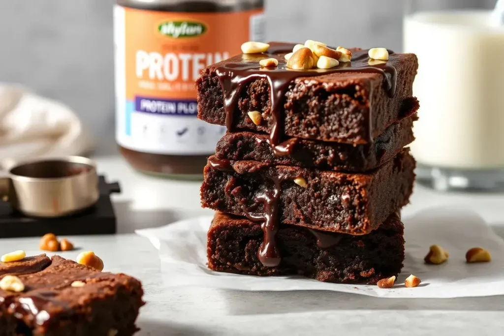 Stacked protein brownies drizzled with dark chocolate and topped with chopped nuts, with protein powder and a glass of milk in the background