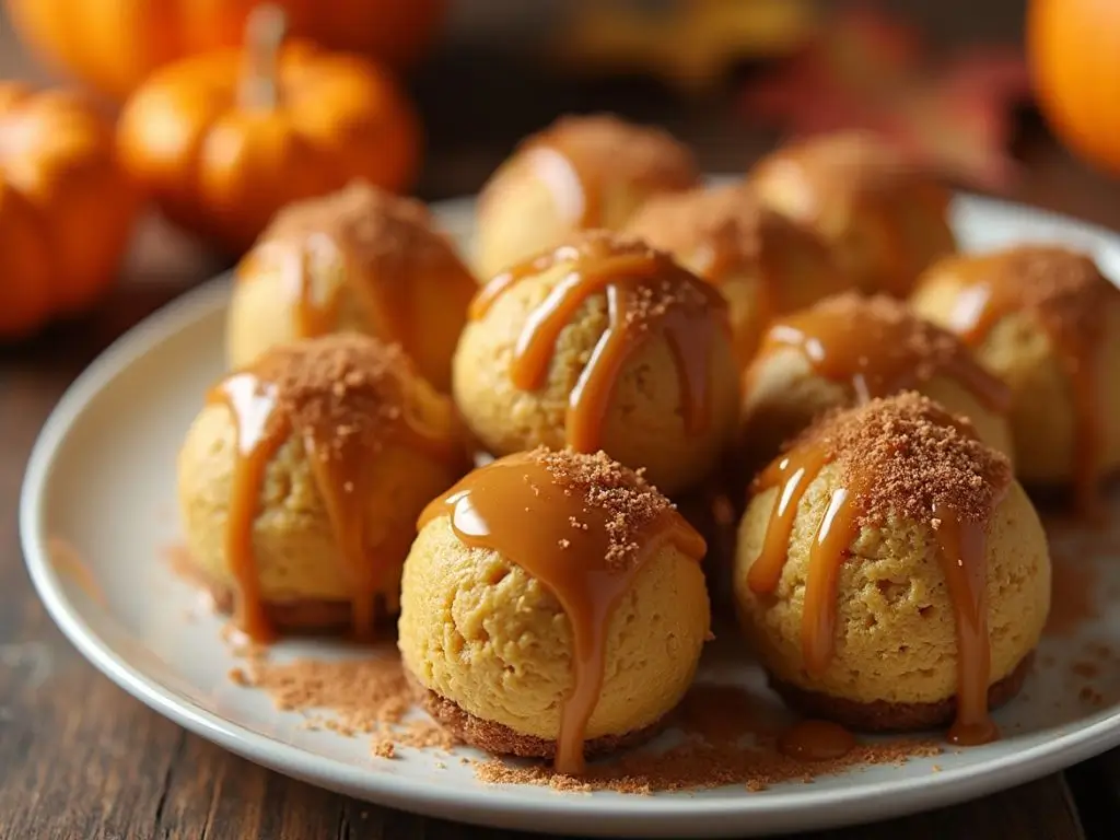 Pumpkin Cheesecake Balls with caramel drizzle and cinnamon sugar on a rustic wooden table surrounded by autumn decor