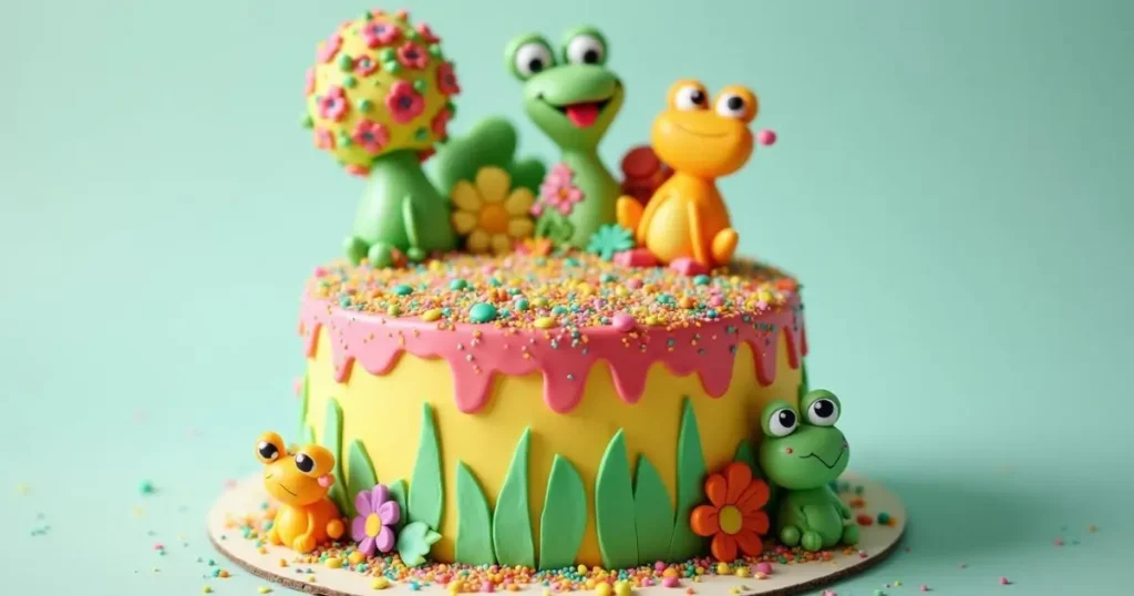 A whimsical Nanalan-themed cake decorated with colorful fondant, edible glitter, and playful Nanalan-inspired elements like frogs, flowers, and trees.