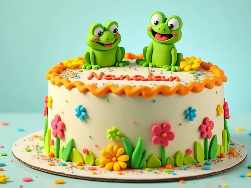 Nanalan-themed birthday cake decorated with colorful frosting, fondant figures of frogs, flowers, and trees, and edible glitter for a whimsical, nostalgic look.

