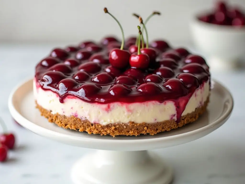 Close-up of a no bake cherry cheesecake with a golden graham cracker crust, topped with fresh cherry filling, caramel drizzle, and crushed nuts, placed on a white dessert plate