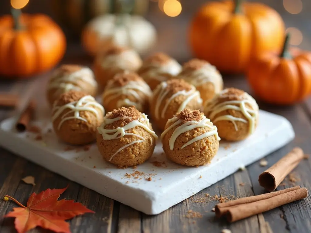 No-bake pumpkin cheesecake balls on a white tray, drizzled with white chocolate and surrounded by pumpkins, cinnamon sticks, and autumn leaves.