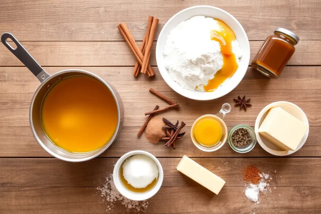 Ingredients for Brown Butter Caramel Chai Cookies arranged on a rustic table, featuring brown butter, caramel sauce, chai spices, flour, sugar, eggs, vanilla, and baking powder.