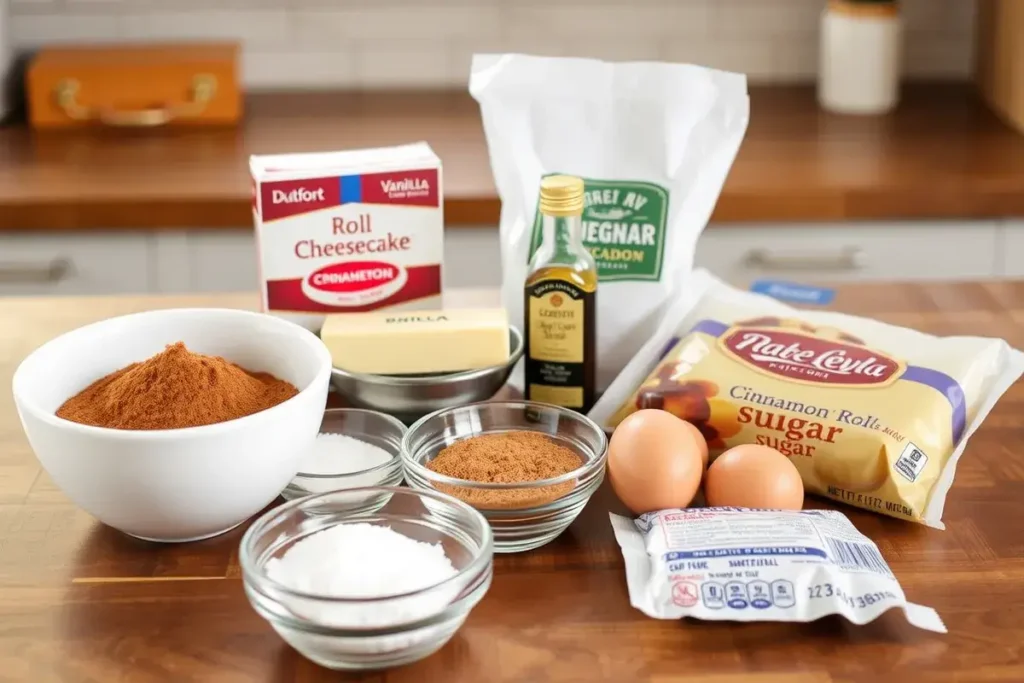 Ingredients for cinnamon roll cheesecake, including cinnamon, cream cheese, butter, sugar, eggs, and cinnamon roll dough, arranged on a kitchen countertop