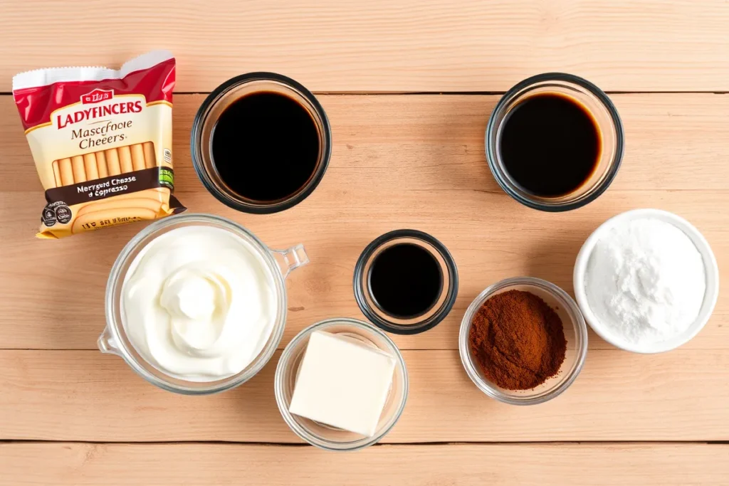 Tiramisu cake ingredients displayed on a wooden table, including ladyfingers, mascarpone cheese, heavy cream, espresso, sugar, and cocoa powder