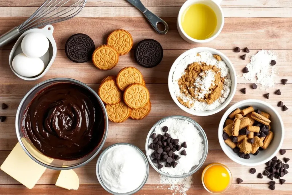 Ingredients for slutty brownies, including brownie batter, golden Oreos, chocolate chip cookie dough, and baking essentials