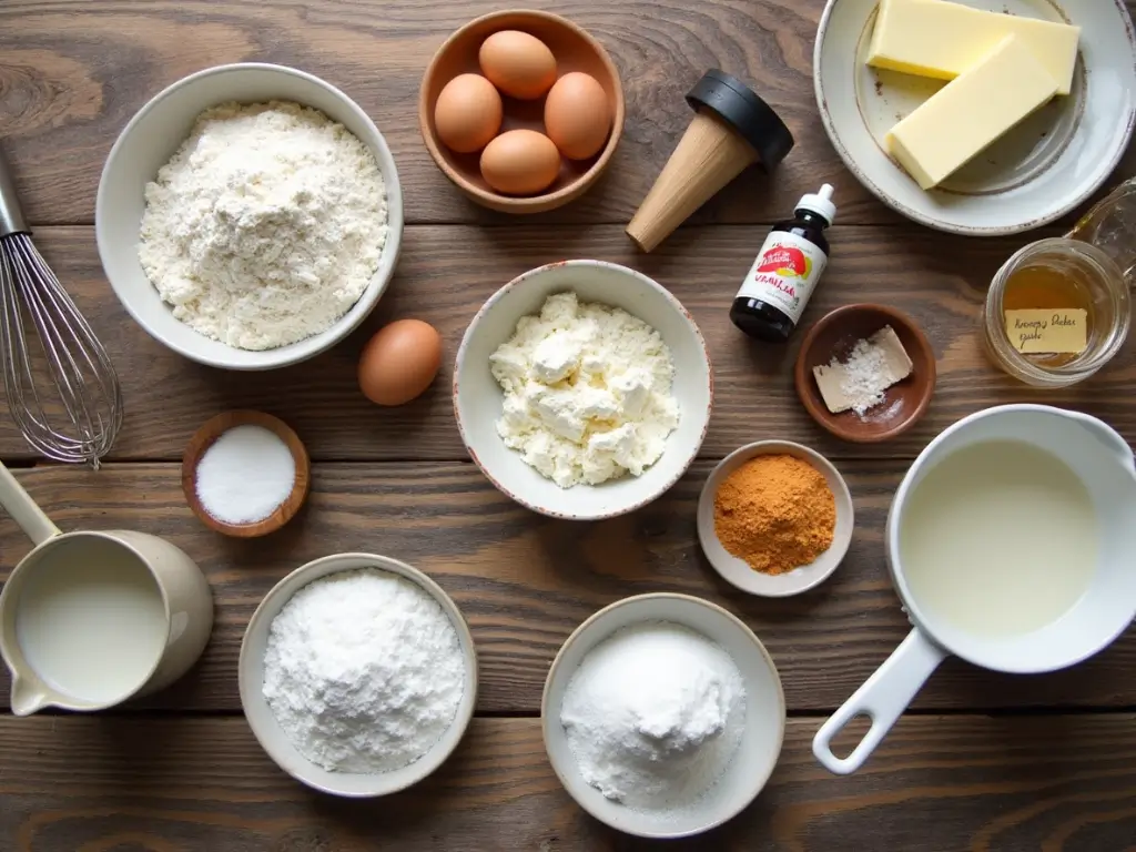 Ingredients for making the perfect cream puff cake, including flour, eggs, butter, vanilla extract, milk, sugar, powdered sugar, and heavy cream, arranged on a rustic wooden surface with baking tools in the background.