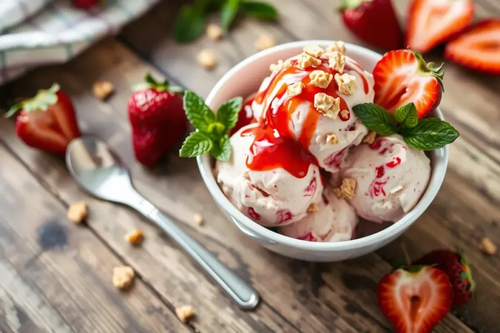 Bowl of homemade strawberry cheesecake ice cream topped with fresh strawberries, graham cracker crumbs, and strawberry syrup, served with a spoon.