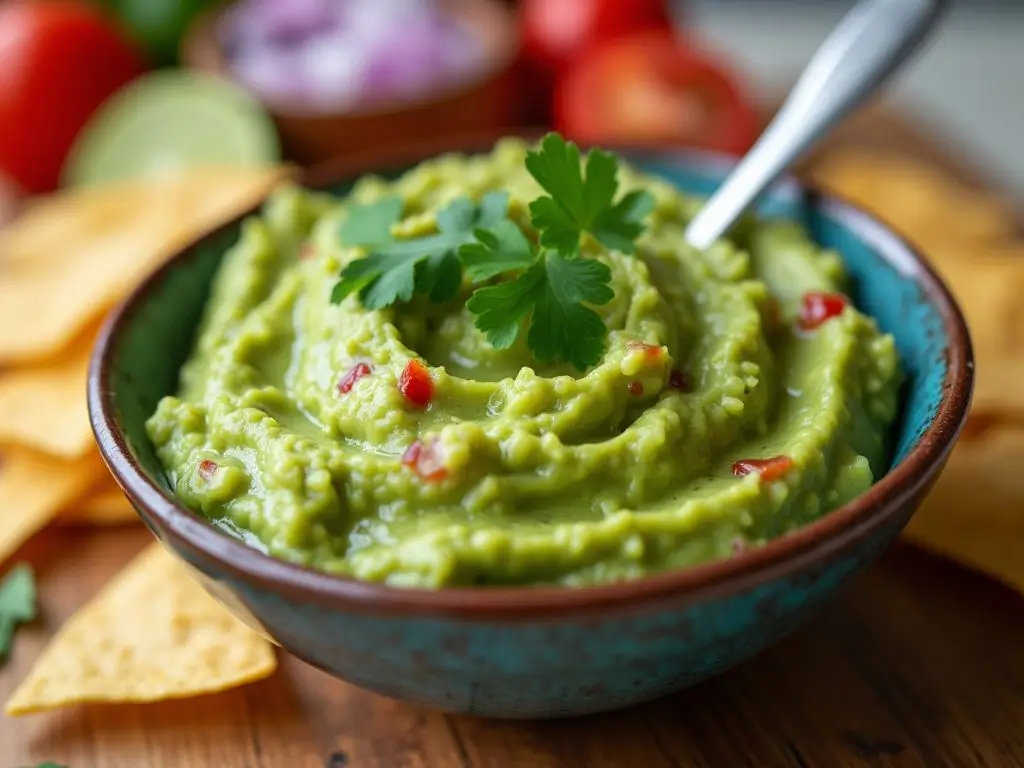 A bowl of fresh homemade guacamole with chopped tomatoes, cilantro, onions, and lime, served with tortilla chips for dipping