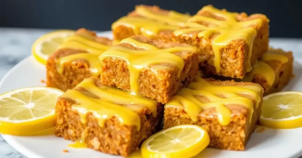 Freshly baked lemon brownies with lemon glaze on a white plate. Title: Fresh Lemon Brownies with Zesty Lemon Glaze – Perfectly Tangy & Sweet