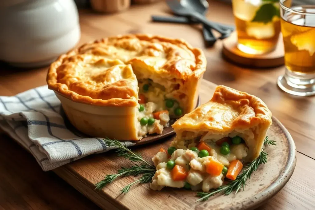 "A freshly baked chicken pot pie cooling on the counter with a slice cut out to reveal its creamy, savory filling of chicken, vegetables, and sauce."