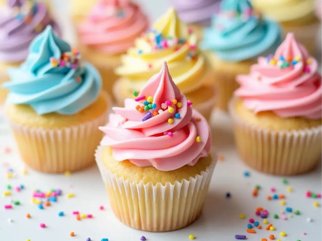 Funfetti mini cupcakes with colorful sprinkles and pastel buttercream frosting, perfect for birthday parties or celebrations