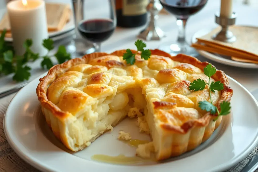 Freshly cooled Passover potato pie, sliced and served on a plate, garnished with parsley, with Seder table essentials like matzah and wine glasses in the background.