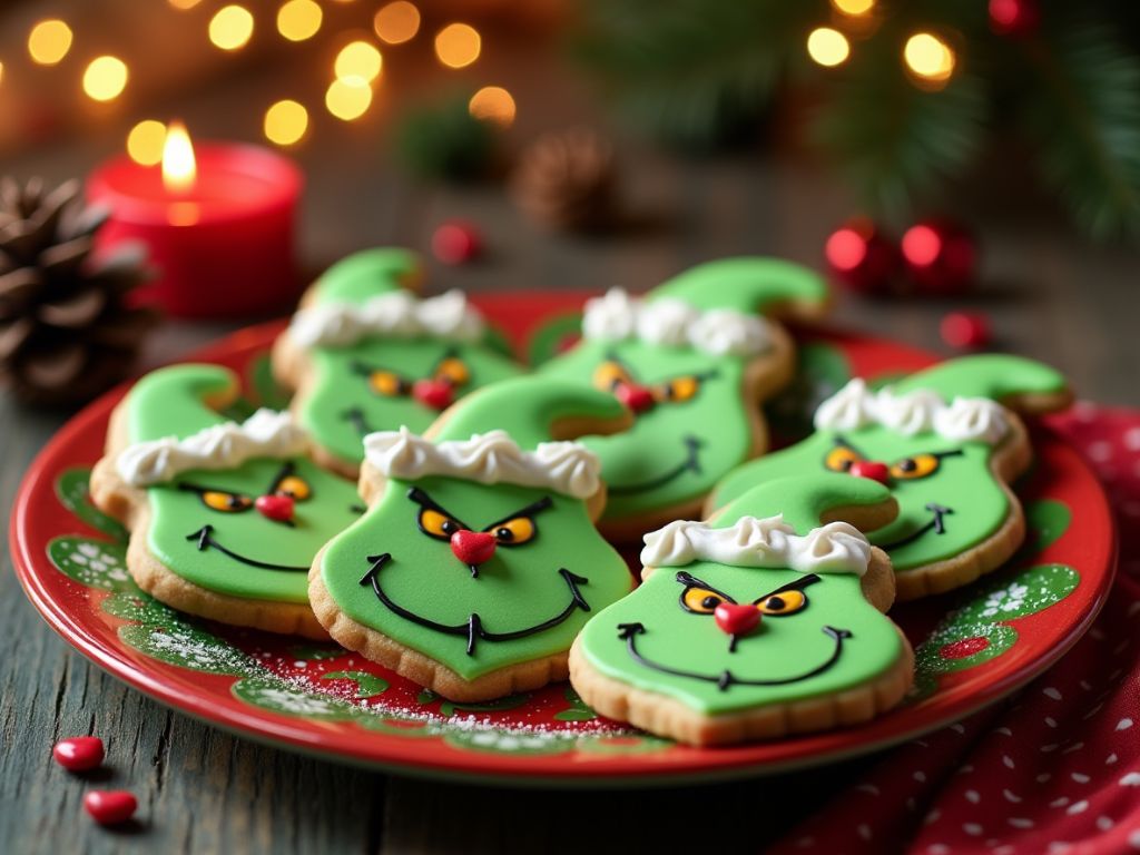 Grinch face cookies with green icing, red candy eyes, and white frosting hats on a festive Christmas plate surrounded by holiday decorations