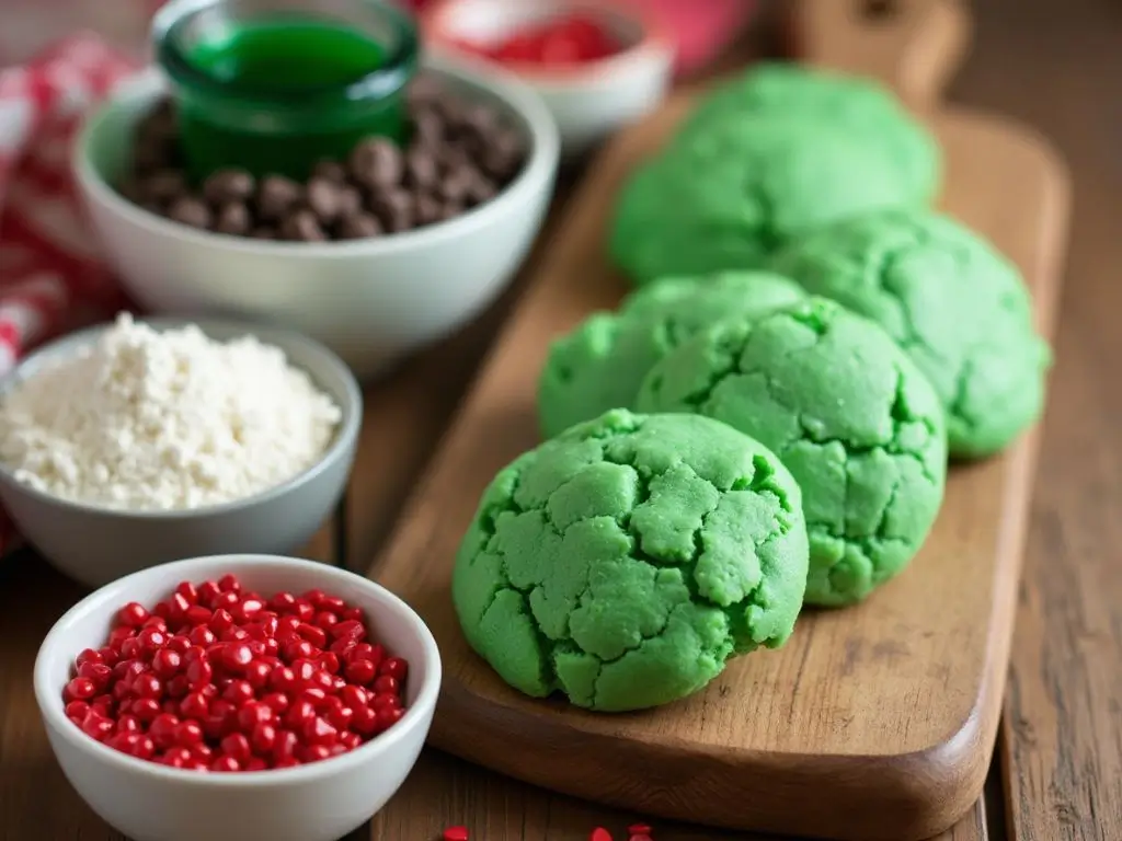 Grinch Cookies ingredients including sugar cookie dough, green food coloring, mini chocolate chips, red heart-shaped sprinkles, and flour.