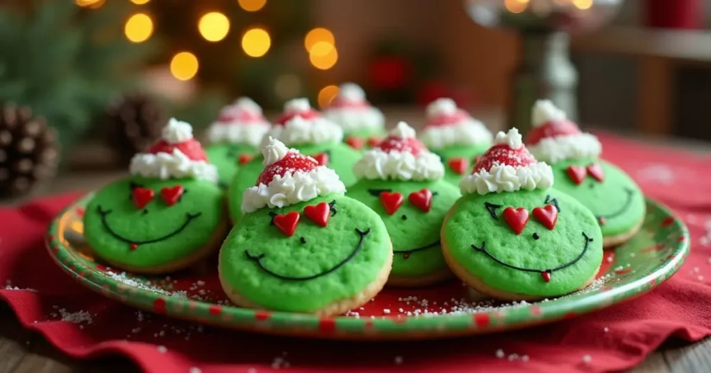 Grinch cookies decorated with green frosting, red candy eyes, and white frosting hats on a festive plate for the holidays