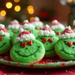 Grinch cookies decorated with green frosting, red candy eyes, and white frosting hats on a festive plate for the holidays