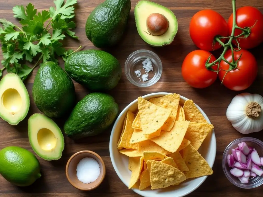 Guacamole chips recipe ingredients with avocados, cilantro, lime, tomatoes, onion, garlic, and tortilla chips for a fresh party snack