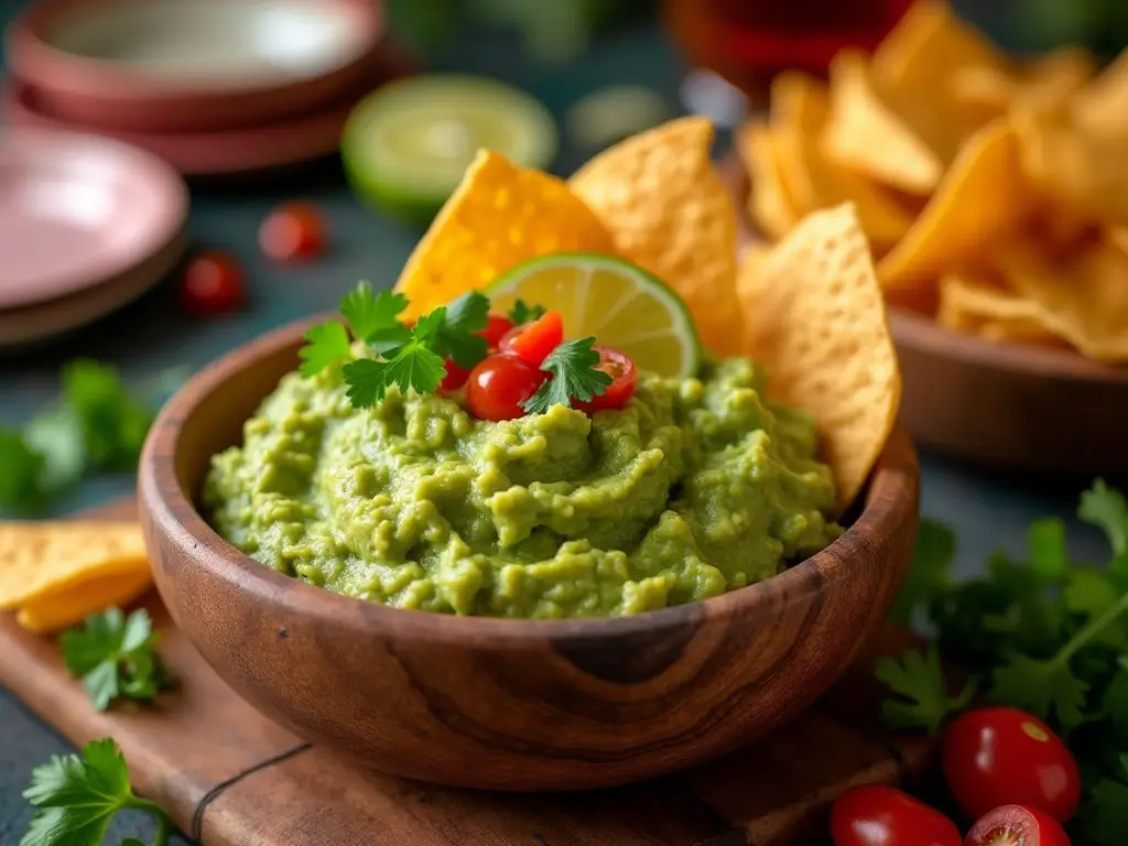 Delicious guacamole chips recipe with creamy guacamole and crispy homemade tortilla chips, garnished with cilantro, lime, and diced tomatoes, perfect for a party appetizer