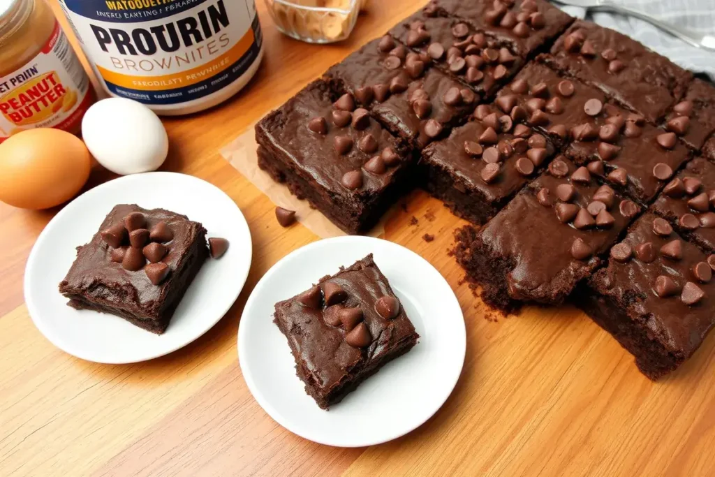 Protein brownies with a rich, fudgy texture, topped with chocolate chips and served on a wooden table