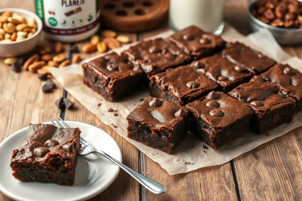 Protein brownies with chocolate chips and a fudgy texture on a rustic wooden table, with a glass of milk and protein powder in the background