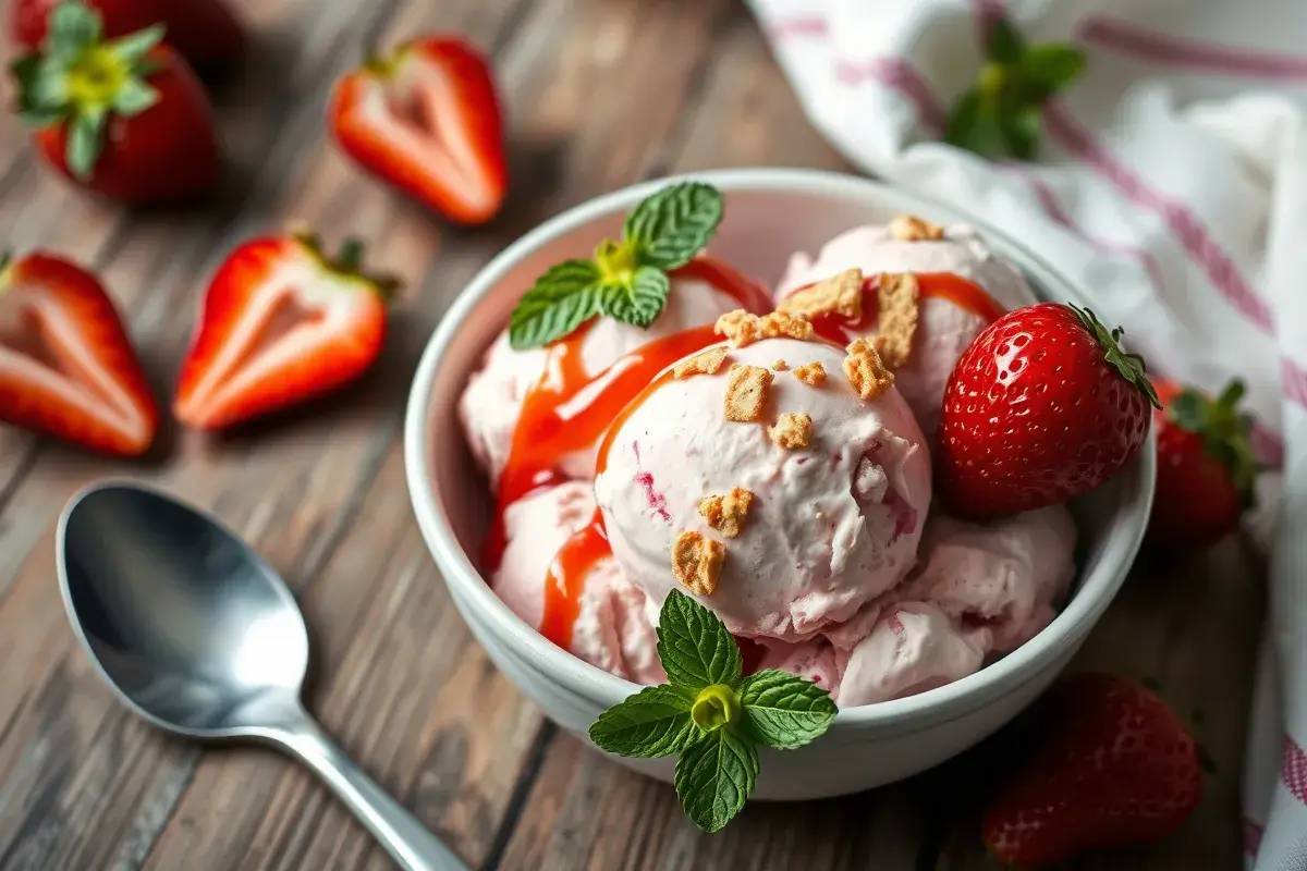 Homemade strawberry cheesecake ice cream served in a bowl with fresh strawberries, strawberry syrup, and graham cracker crumbs, garnished with mint