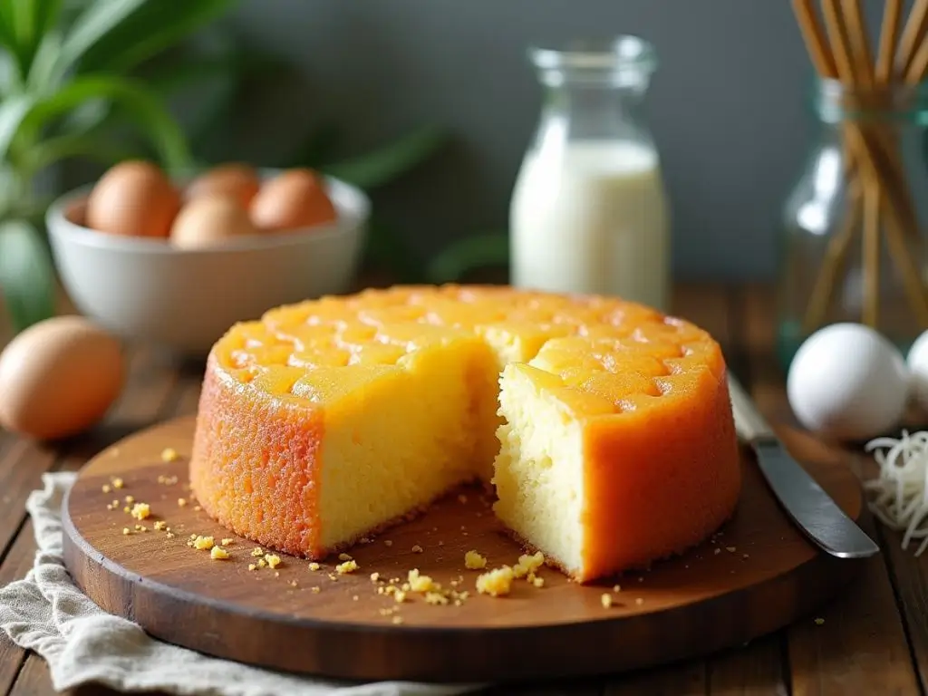 Delicious honeycomb cake with golden layers, honey drizzle, and honeycomb pieces on top, styled on a rustic wooden table.