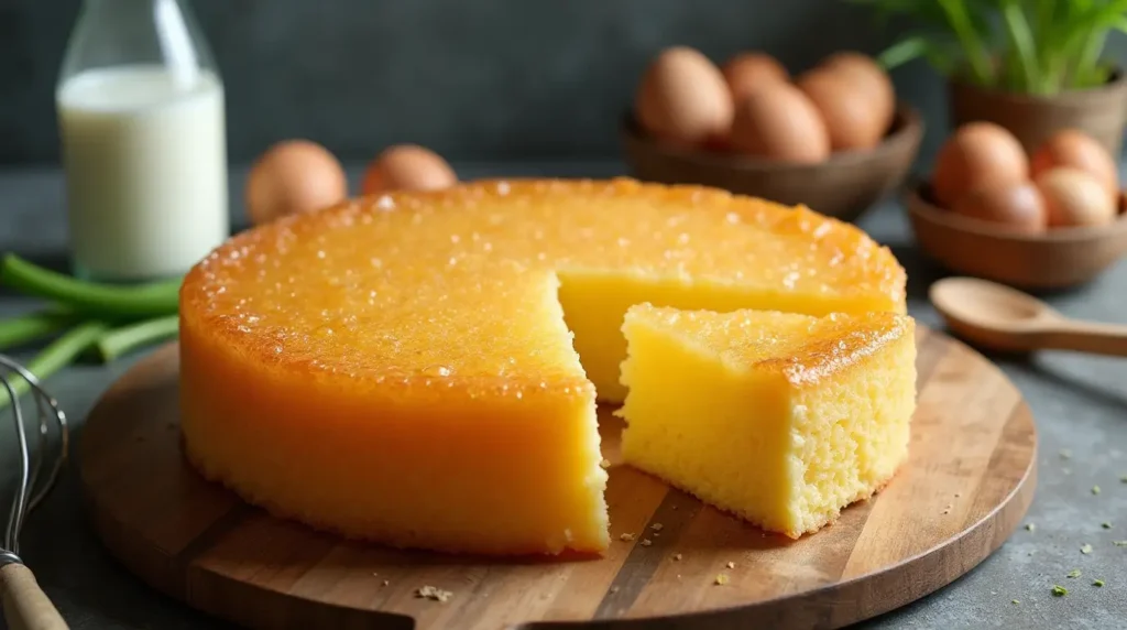 "Golden honeycomb cake with a slice cut to showcase its signature honeycomb-like texture, surrounded by tapioca starch, coconut milk, pandan leaves, and eggs on a rustic wooden table.