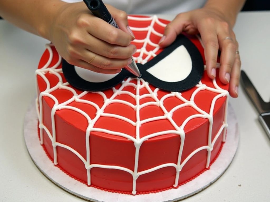 Applying spider web decoration on Spider Man cake with white buttercream piping for detailed web design