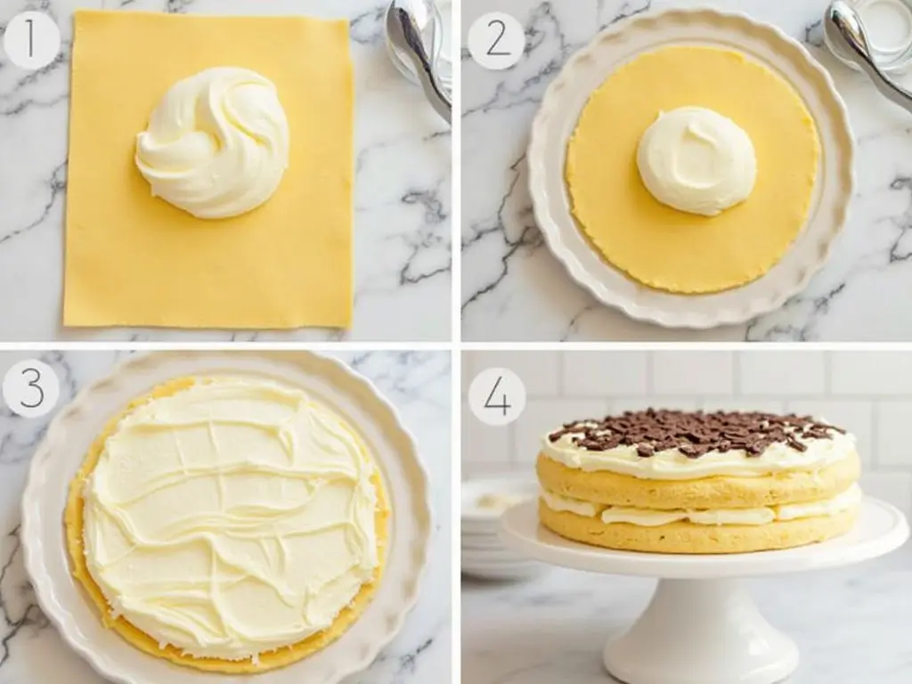 Assembling a cream puff cake with layers of puff pastry and creamy filling