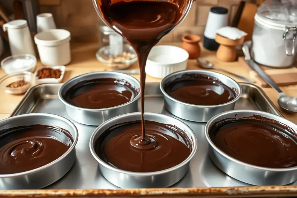 Baking the cake layers for Blackout Cake with dark chocolate batter in round cake pans, ready for the oven