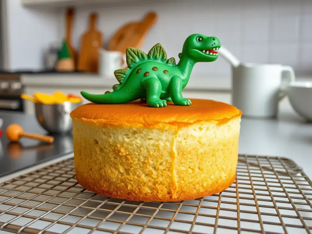 Freshly baked dinosaur cake cooling on a wire rack in a kitchen, ready for decorating.