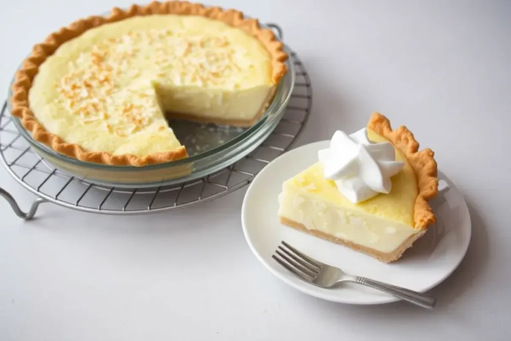 Coconut custard pie cooling on a wire rack with a slice served on a plate, topped with whipped cream