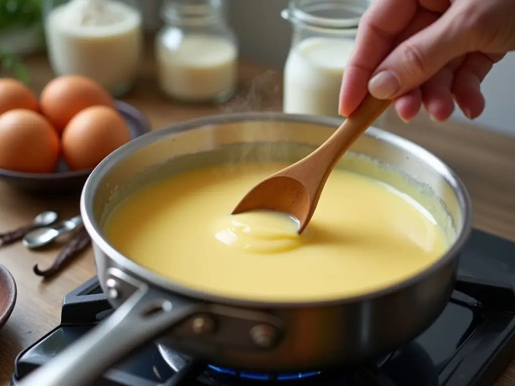 Stirring creamy custard filling for a cream puff cake on the stovetop with fresh ingredients on the countertop