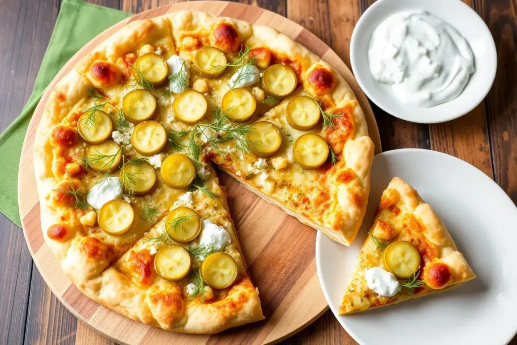 Pickle Pie Pizza Garnished with Fresh Dill, Sliced Pickles, and Mozzarella Cheese, Served with Ranch Dressing