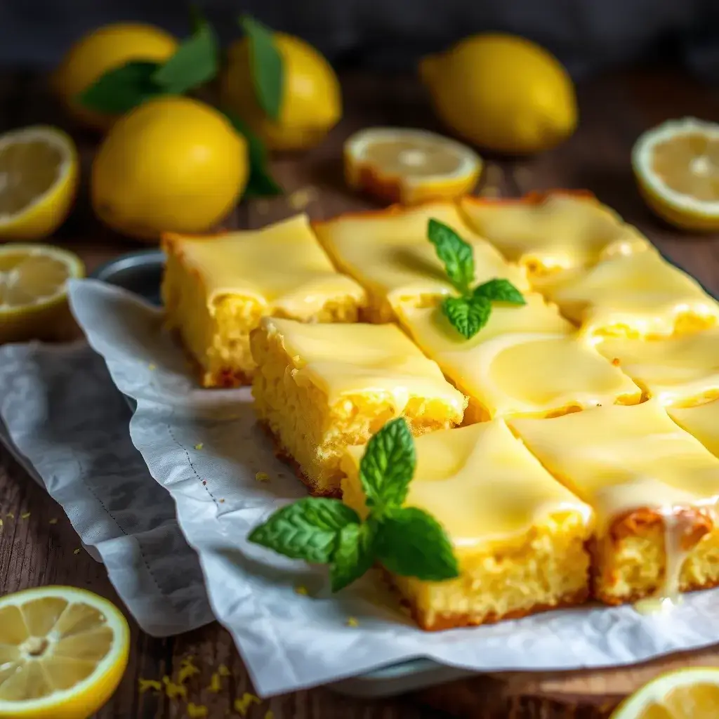 Close-up of soft and fluffy lemon brownies with a lemon glaze on top, garnished with lemon slices, zest, and mint leaves