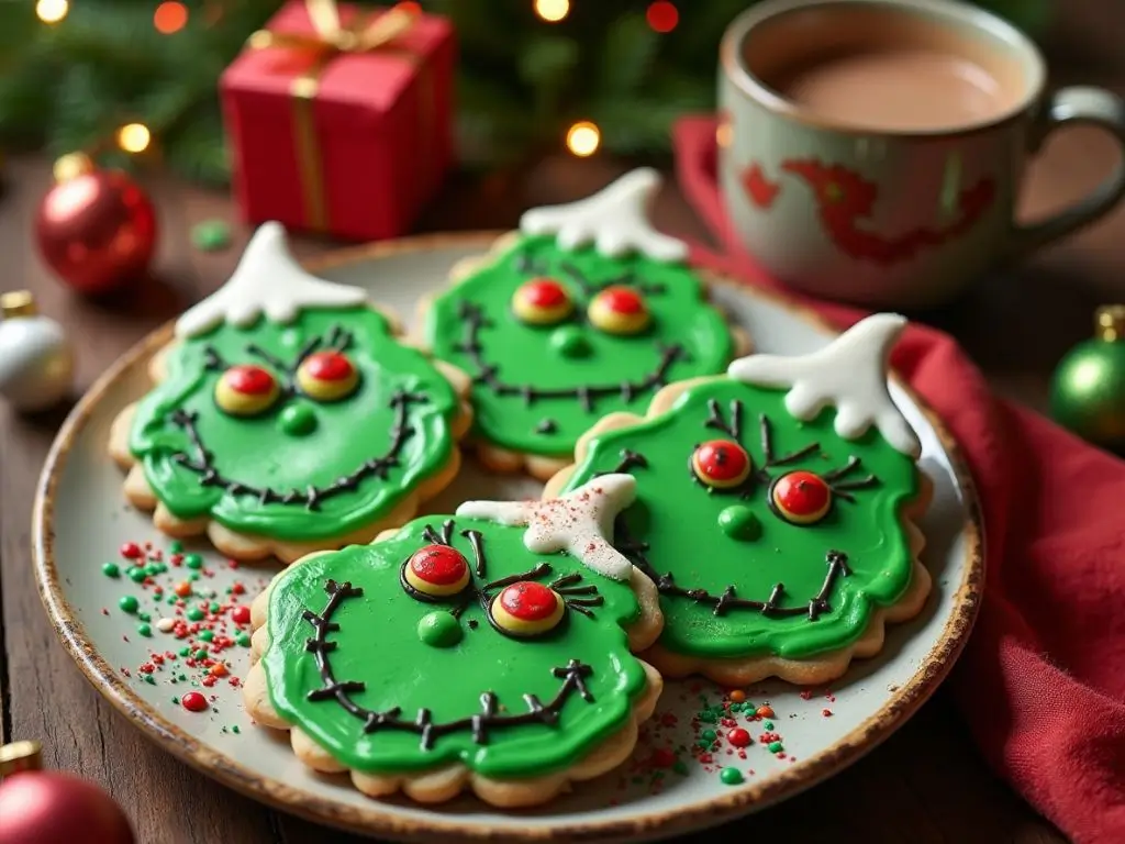 Grinch face sugar cookies decorated with green frosting, red candy eyes, and white frosting hats, surrounded by festive Christmas decorations