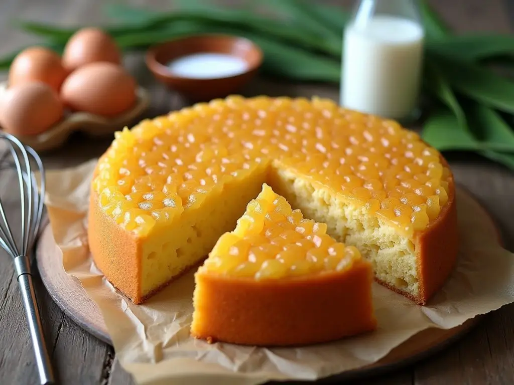 Authentic honeycomb cake with a golden brown crust and spongy honeycomb-like texture, surrounded by coconut milk, pandan leaves, eggs, and tapioca starch on a rustic table