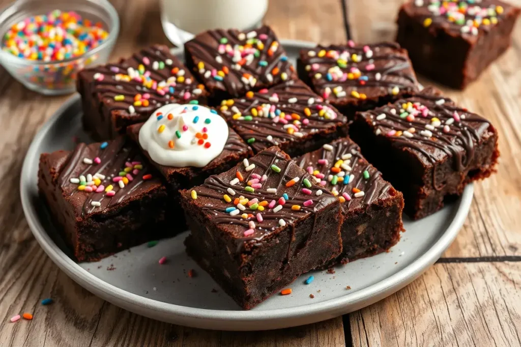 Homemade cosmic brownies with vibrant colorful sprinkles, chocolate drizzle, and a fudgy center, served on a rustic plate