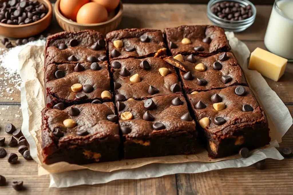 Decadent homemade slutty brownies with layers of gooey brownie and chewy cookie dough topped with chocolate chips, served with a glass of milk