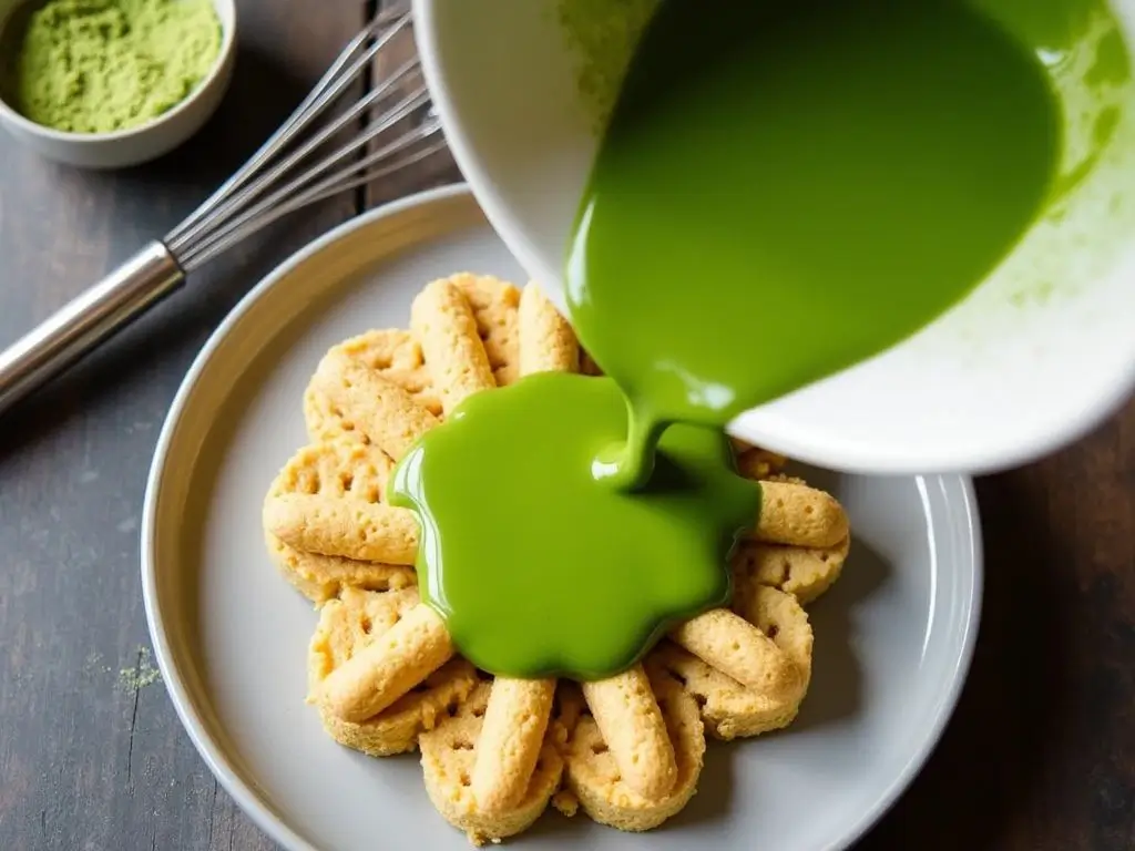 Matcha tea being poured over ladyfingers to soak them for a Matcha Tiramisu recipe.