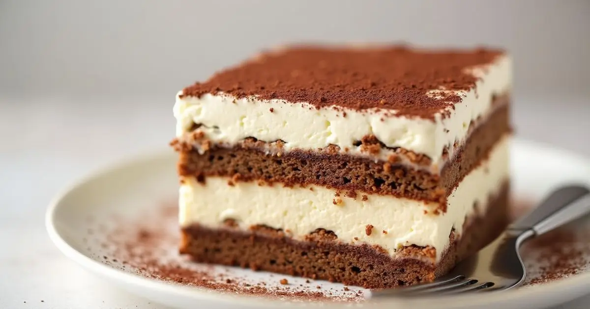 Tiramisu cake with coffee-soaked layers, mascarpone cream, and cocoa powder topping on a white plate