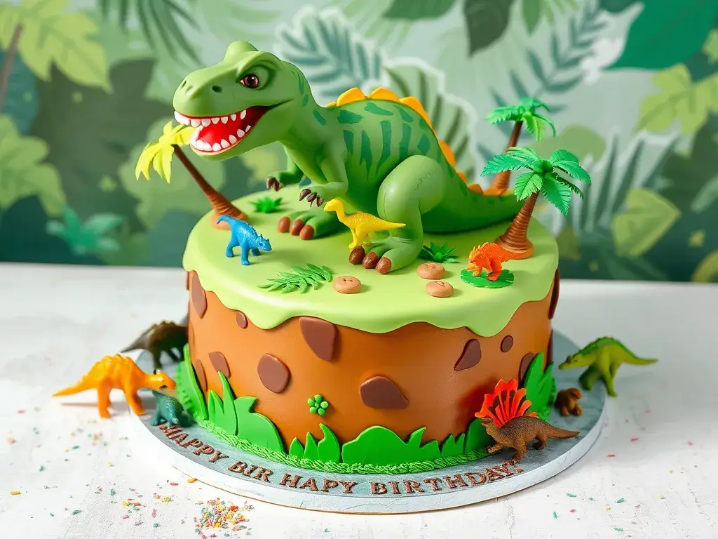 Colorful dinosaur birthday cake with a fondant T-Rex design, surrounded by edible footprints, dinosaur figurines, and jungle-themed decorations, perfect for a kid’s birthday celebration.