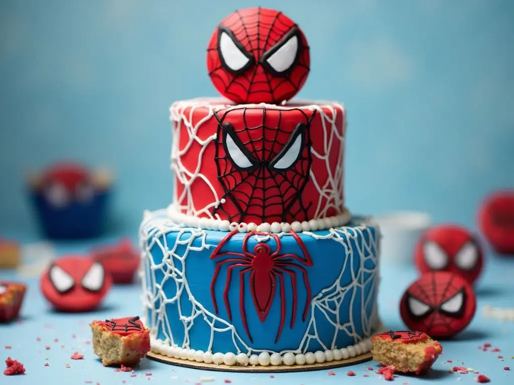 Spider Man themed birthday cake with red and blue fondant, Spider Man mask decoration, and spider web details. Perfect for kids’ superhero birthday celebrations