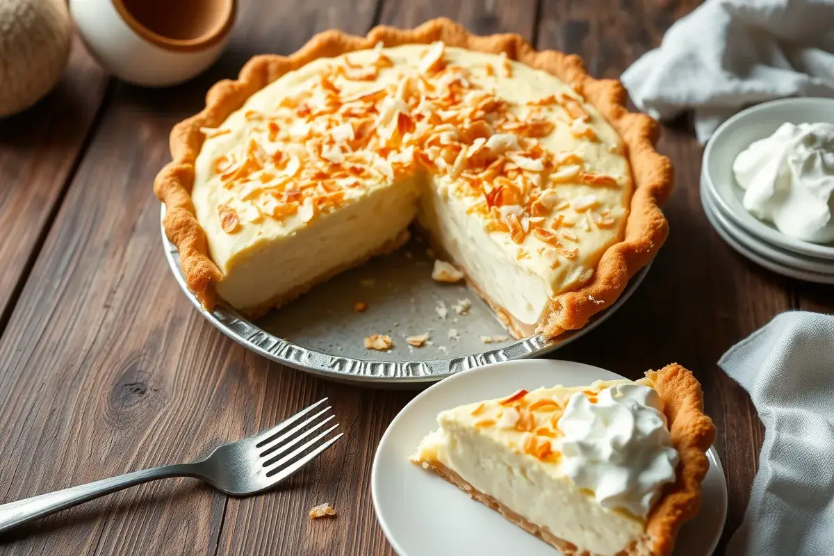 Delicious coconut custard pie with toasted coconut flakes, served with whipped cream on a rustic wooden table