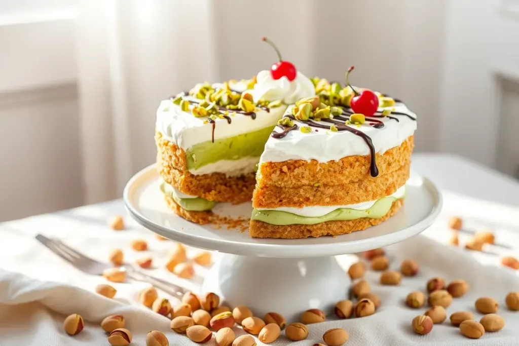 A close-up shot of a perfectly baked pistachio torte with creamy pistachio filling, whipped cream, and a sprinkle of chopped pistachios on top, garnished with a drizzle of chocolate.

