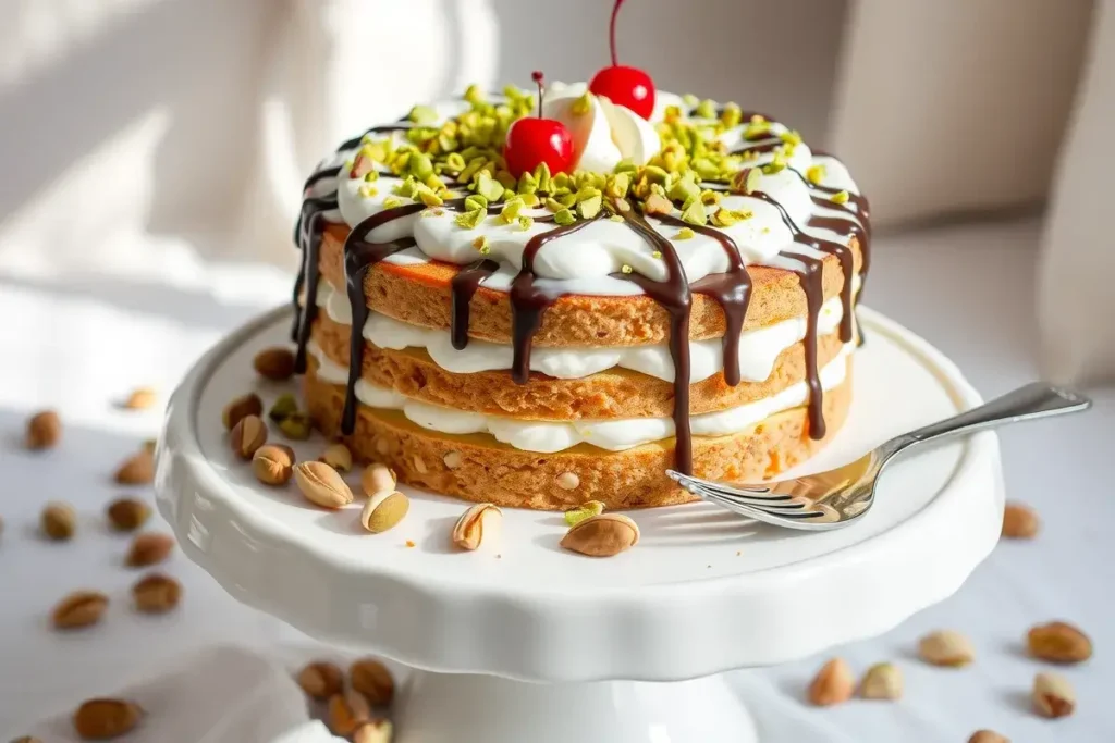 Slice of homemade pistachio torte with creamy filling, whipped cream topping, and pistachio garnish, served on a white plate with a fork.

