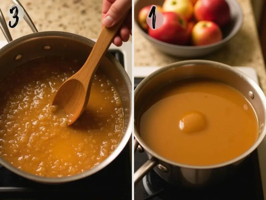 Making caramel coating for apple pie caramel apples, showing bubbling caramel in a saucepan and fresh apples nearby