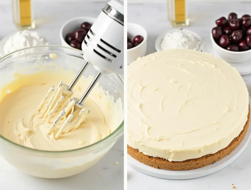 Mixing the creamy filling for no bake cherry cheesecake with an electric mixer in a large bowl.